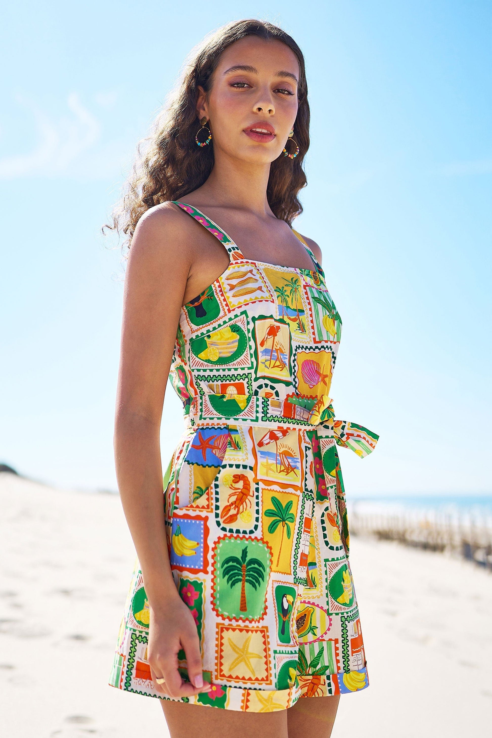 Multicolour Cotton Postcard Print Playsuit - Bascora