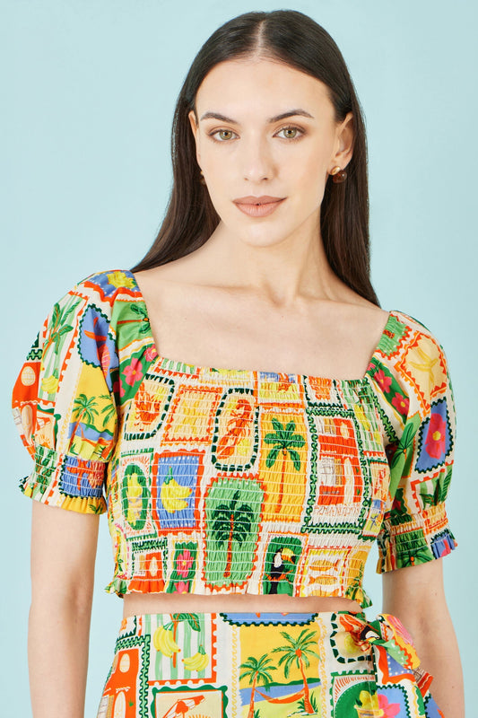 Multicolour Cropped Shirred Cotton Postcard Print Top - Bascora
