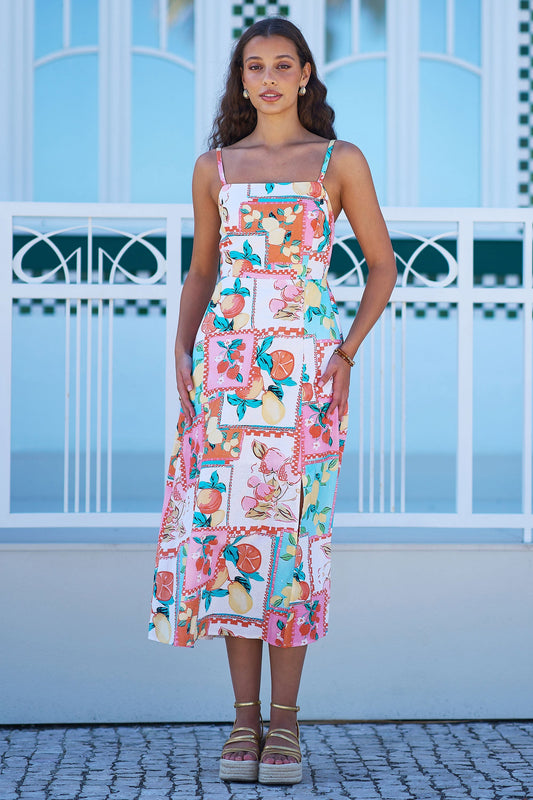 Multicolour Fruit Print Midi Sun Dress Ruched Back - Bascora