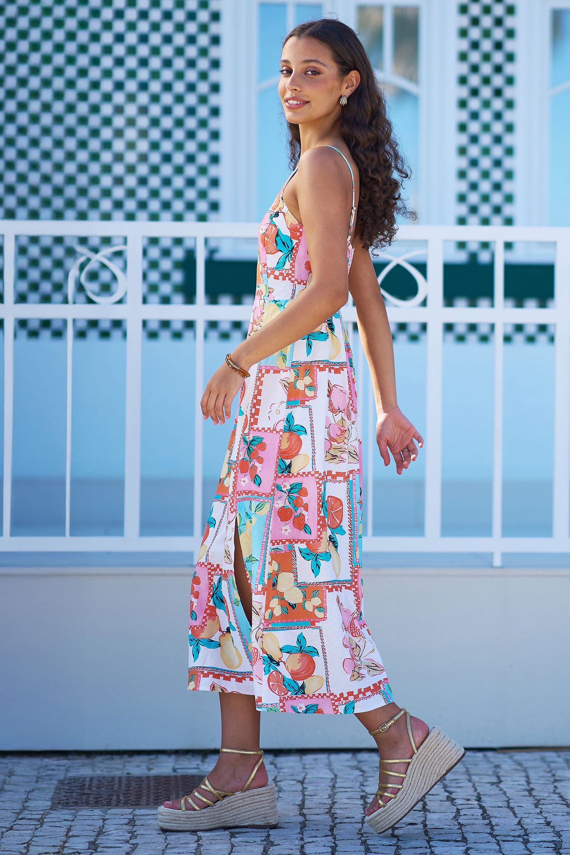 Multicolour Fruit Print Midi Sun Dress Ruched Back - Bascora