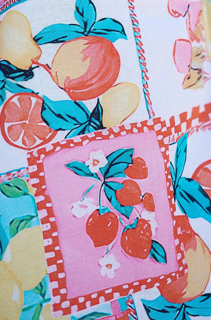 Multicolour Fruit Print Midi Sun Dress Ruched Back - Bascora