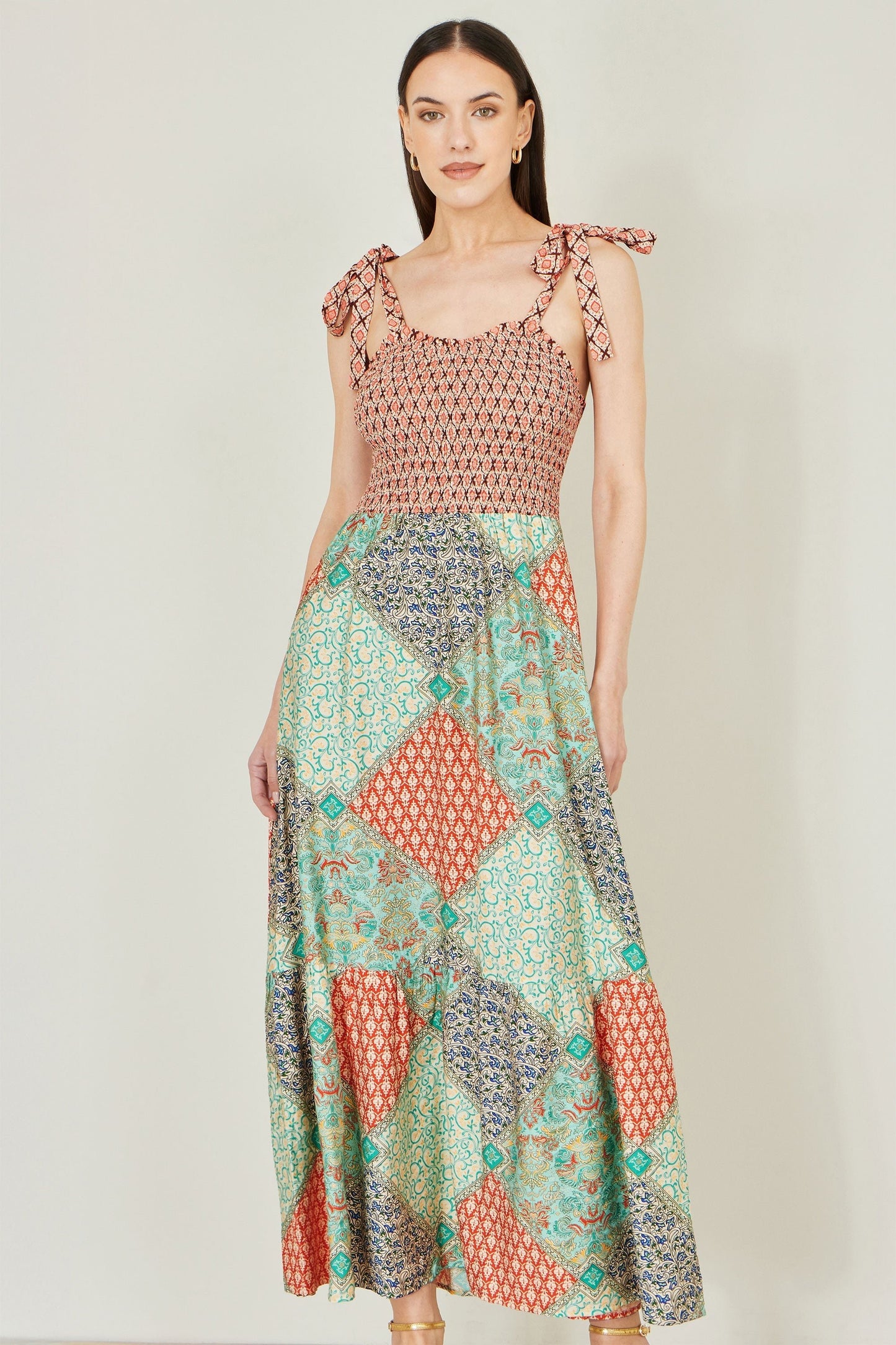 Multicolour Patchwork Ruched Smocked Maxi Sundress - Bascora
