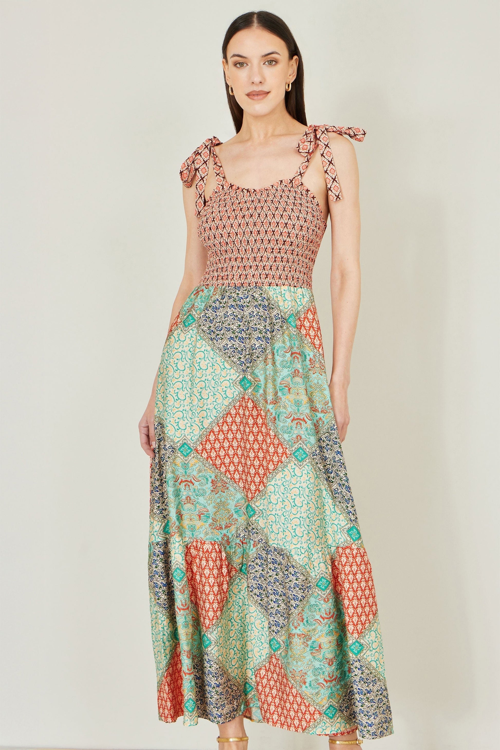 Multicolour Patchwork Ruched Smocked Maxi Sundress - Bascora