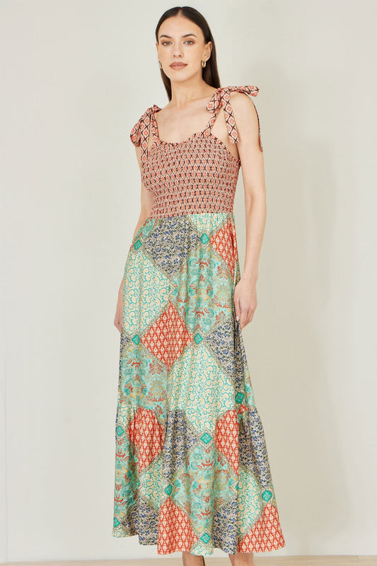 Multicolour Patchwork Ruched Smocked Maxi Sundress - Bascora