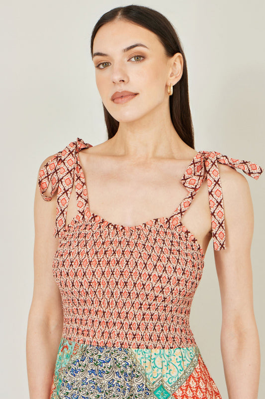 Multicolour Patchwork Ruched Smocked Maxi Sundress - Bascora