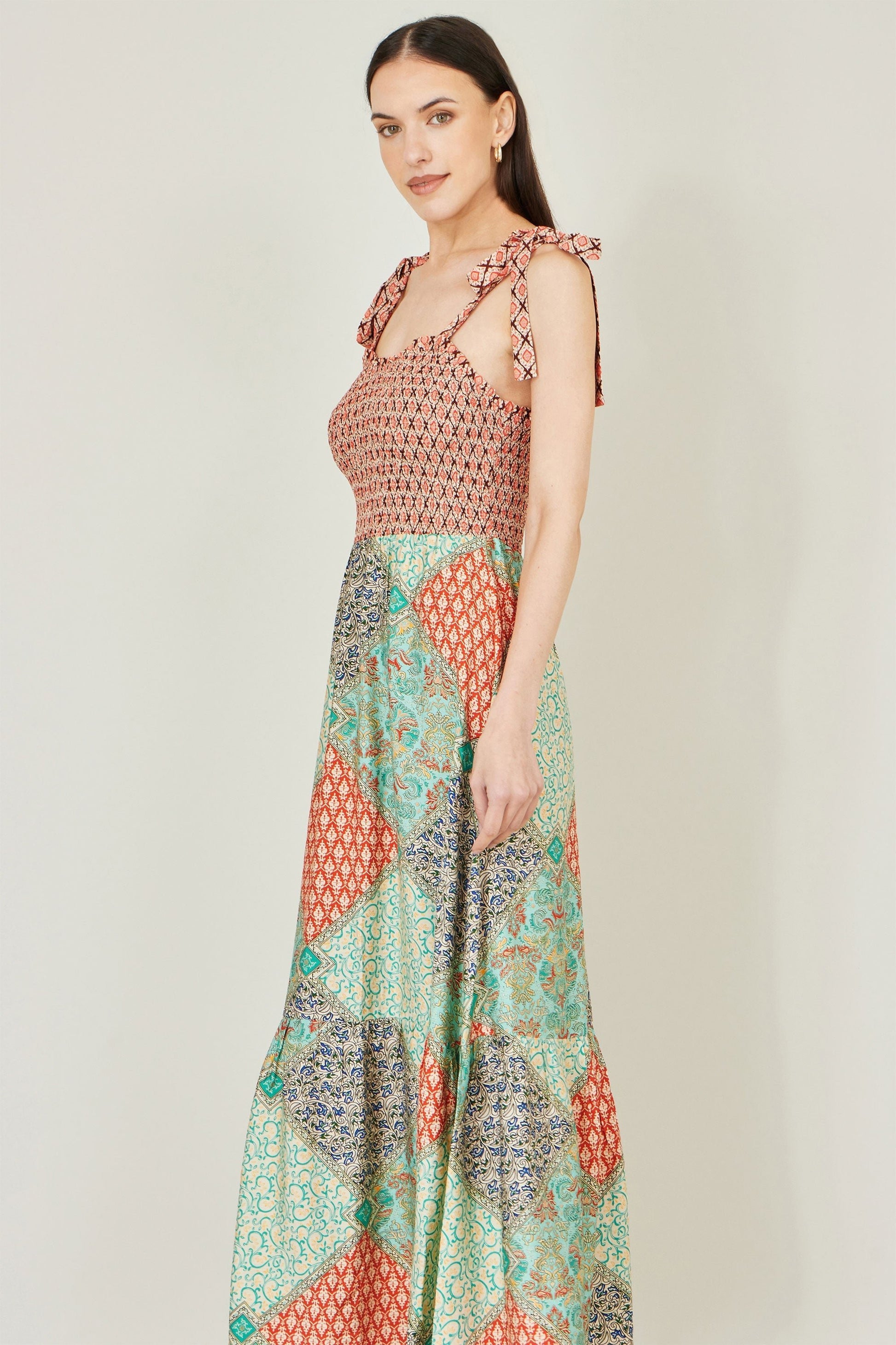 Multicolour Patchwork Ruched Smocked Maxi Sundress - Bascora
