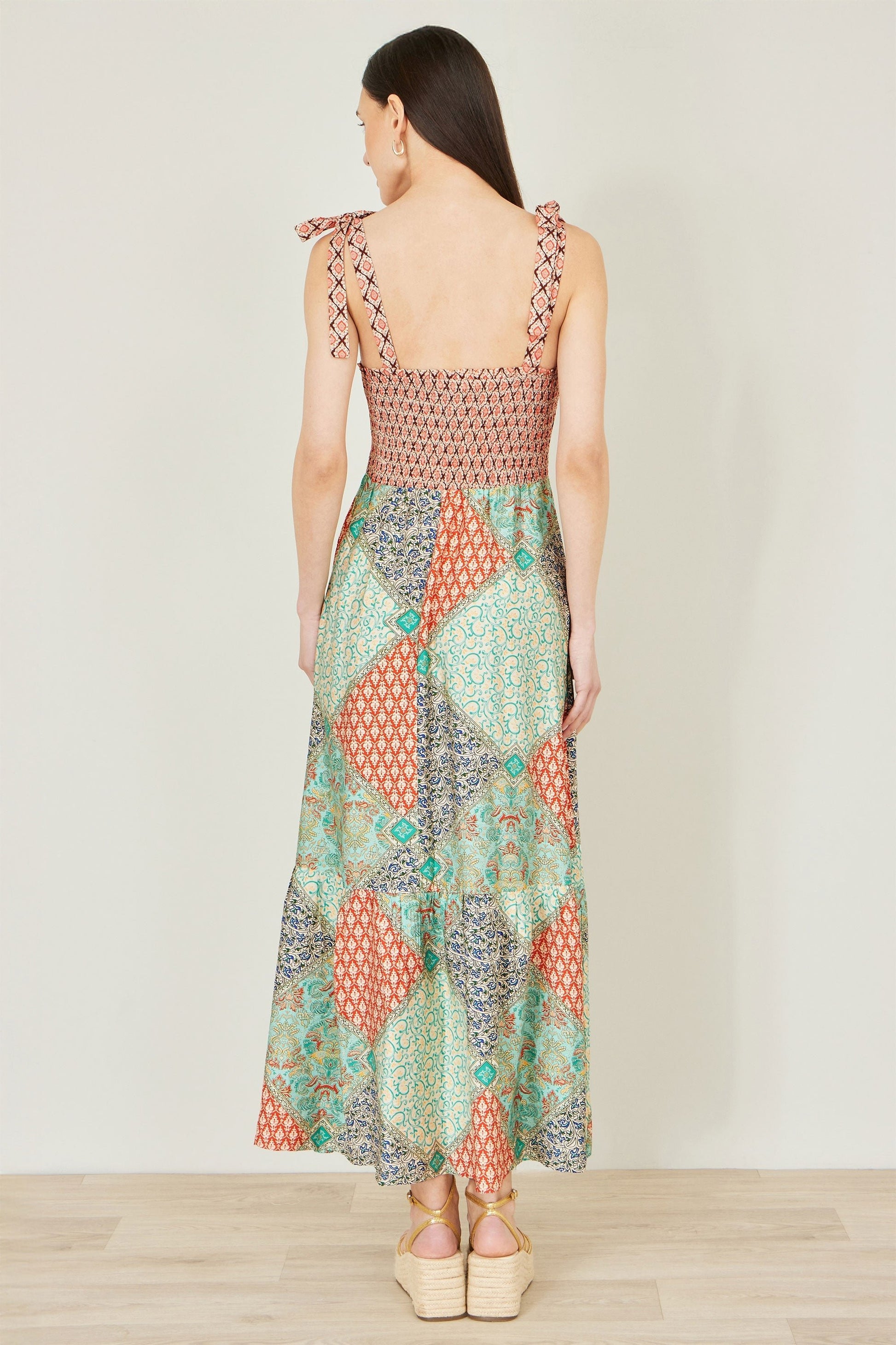 Multicolour Patchwork Ruched Smocked Maxi Sundress - Bascora