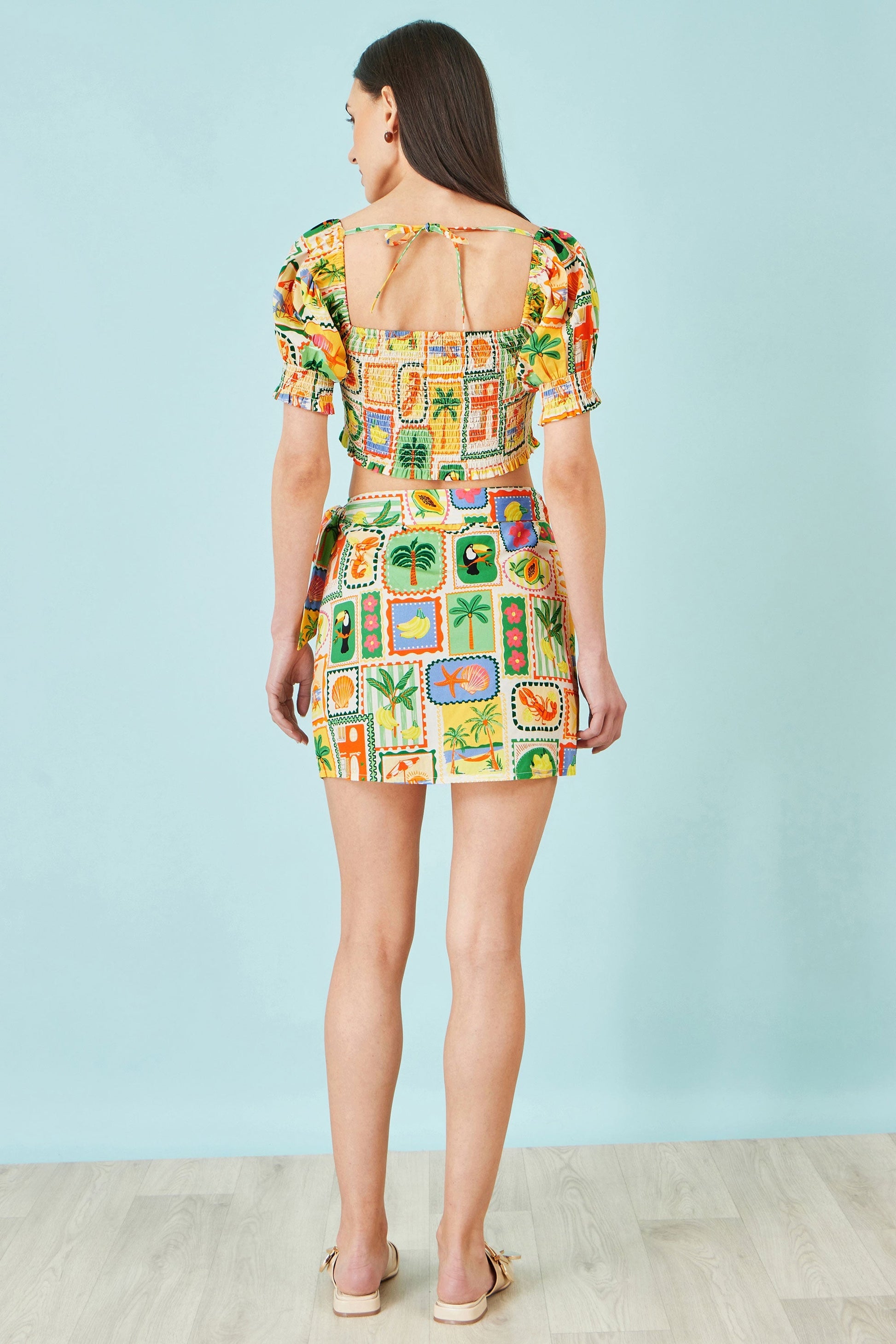 Multicolour Postcard Print Cotton Wrap Skirt - Bascora