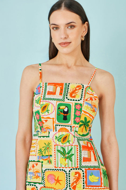 Multicolour Postcard Print Mini Sun Dress - Bascora