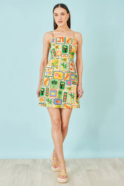 Multicolour Postcard Print Mini Sun Dress - Bascora