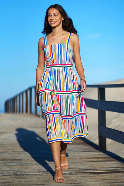 Multicolour Stripe Cotton Midi Sun Dress - Bascora