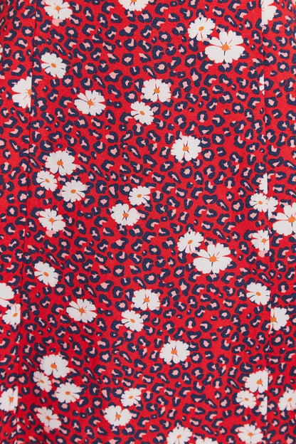 close up of fabric red floral dress