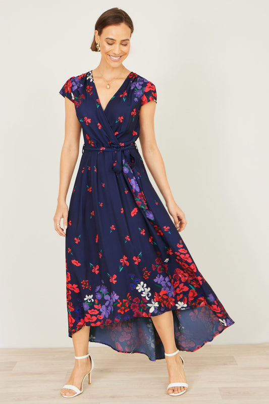Navy Floral Mirror Wrap Dress With Dip Hem - Bascora