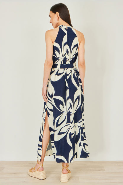Navy Geo Swirl Print Halter Maxi Dress - Bascora