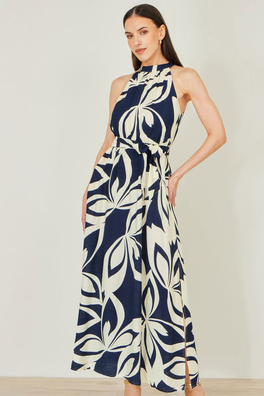 Navy Geo Swirl Print Halter Maxi Dress - Bascora