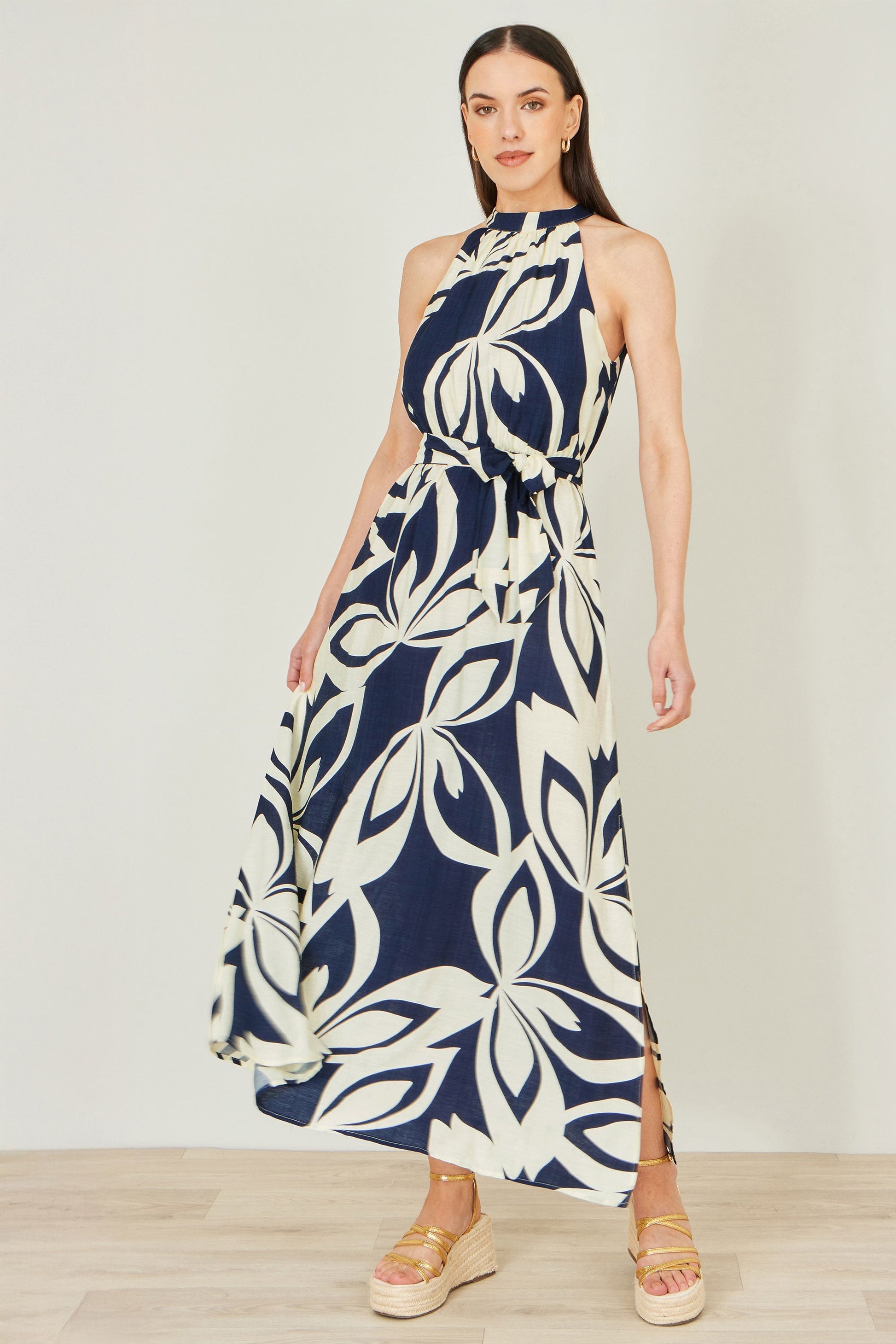 Navy Geo Swirl Print Halter Maxi Dress - Bascora