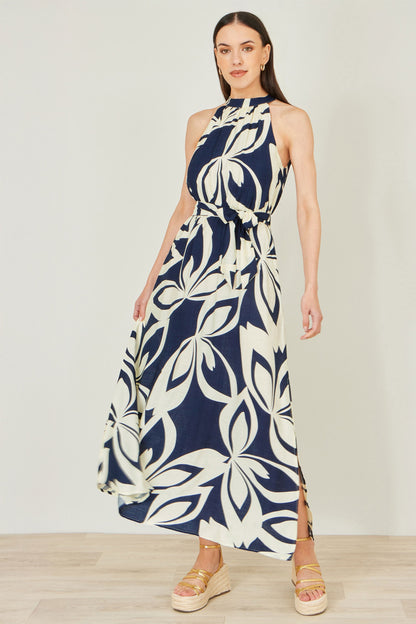 Navy Geo Swirl Print Halter Maxi Dress - Bascora