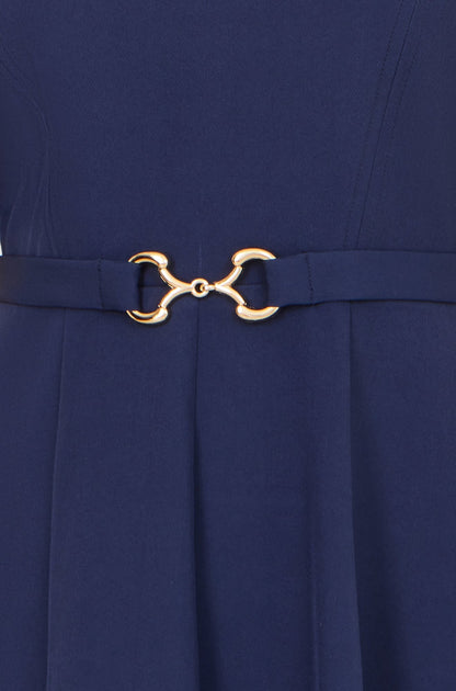 Navy Skater Dress With Puff Sleeves And Buckle Detail - Bascora