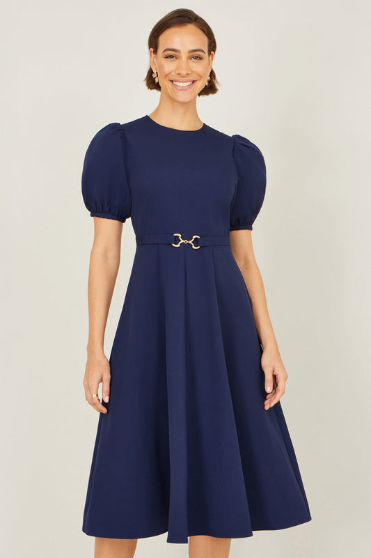 Navy Skater Dress With Puff Sleeves And Buckle Detail - Bascora