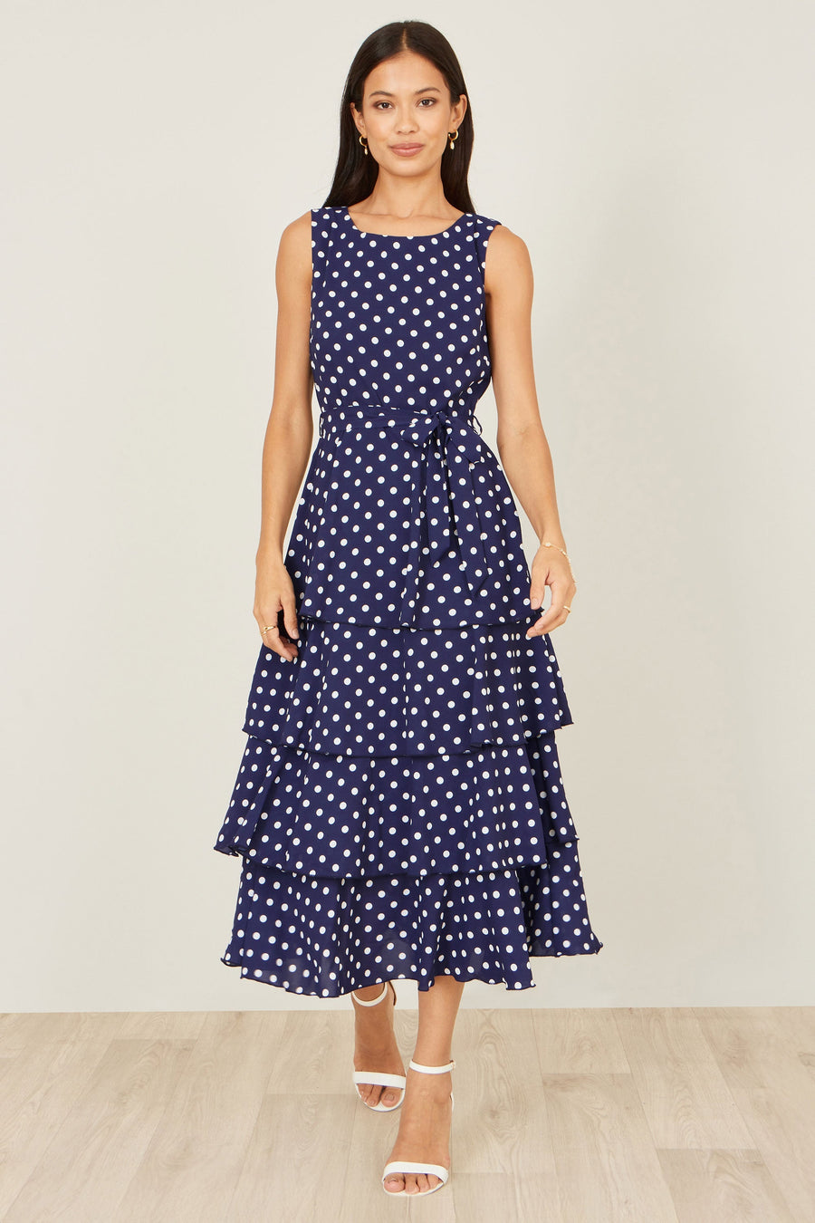 Navy Spot Tiered Midi Dress - Bascora
