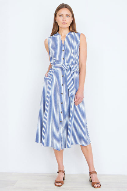 Navy Stripe Midi Sleeveless Shirt Dress - Bascora