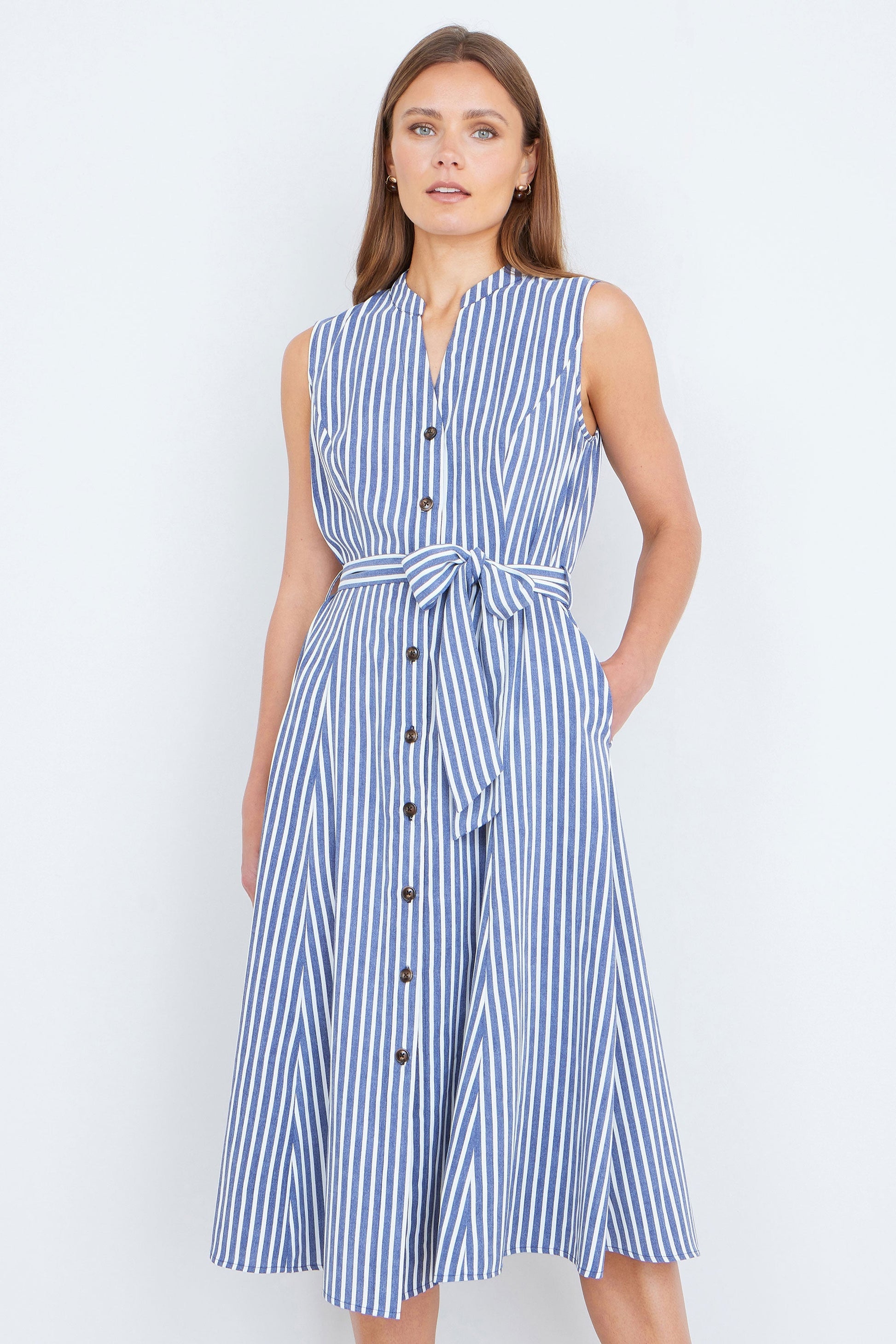 Navy Stripe Midi Sleeveless Shirt Dress - Bascora
