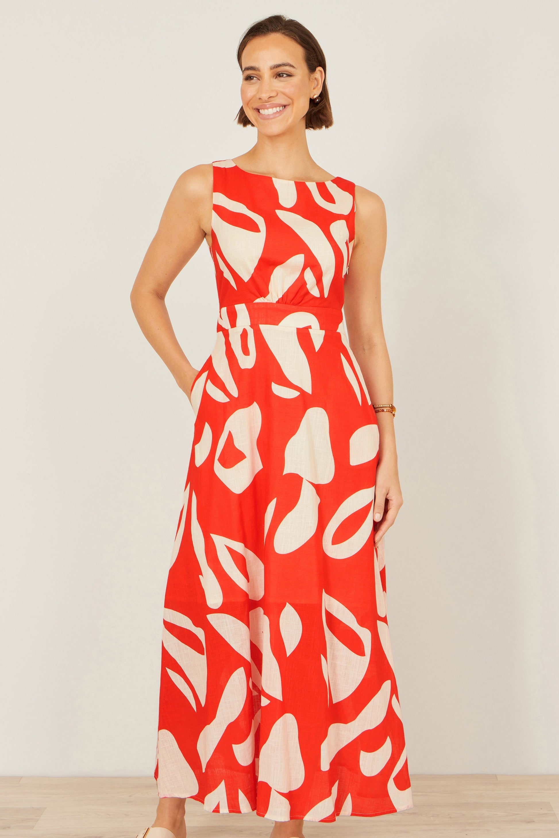 Orange Abstract Maxi Dress With Tie Back - Bascora