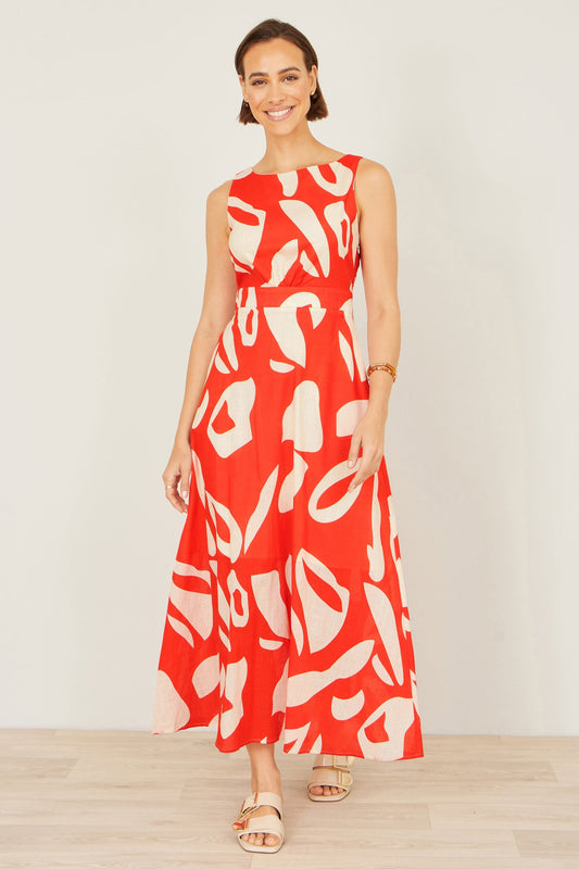 Orange Abstract Maxi Dress With Tie Back - Bascora
