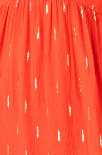 Orange Foil Print Viscose Cut Out Midi Dress - Bascora