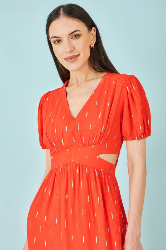Orange Foil Print Viscose Cut Out Midi Dress - Bascora