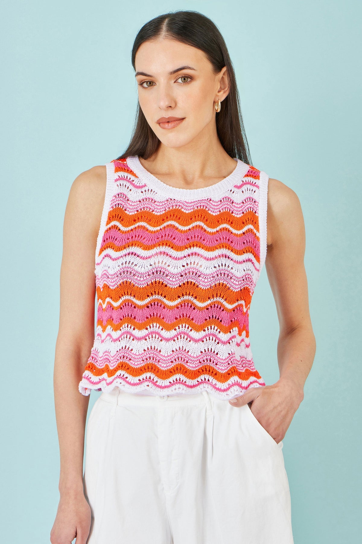 Orange Stripe Crochet Stripe Vest Top - Bascora