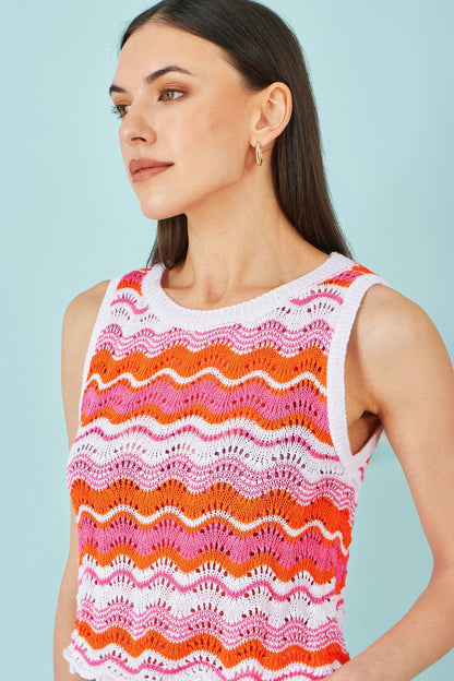 Orange Stripe Crochet Stripe Vest Top - Bascora