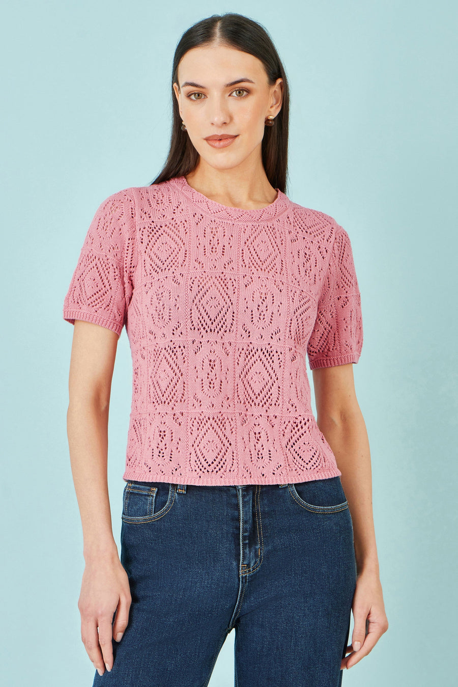 Pink Cotton Crochet Knitted Top - Bascora