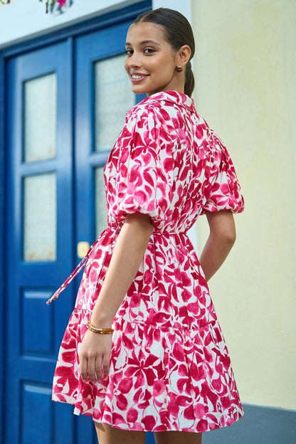 Pink Floral Print Viscose Relaxed Shirt Dress - Bascora