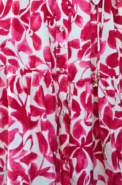 Pink Floral Print Viscose Relaxed Shirt Dress - Bascora