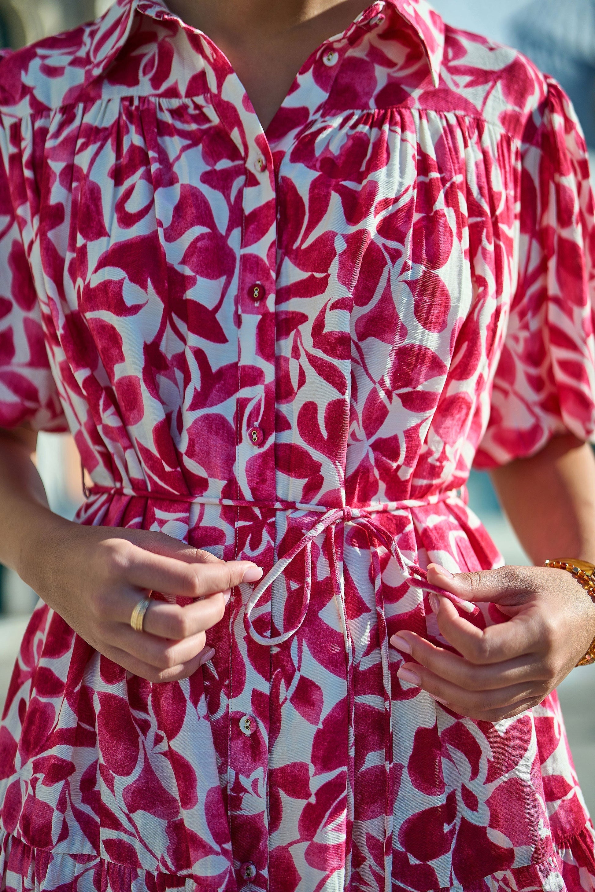 Pink Floral Print Viscose Relaxed Shirt Dress - Bascora