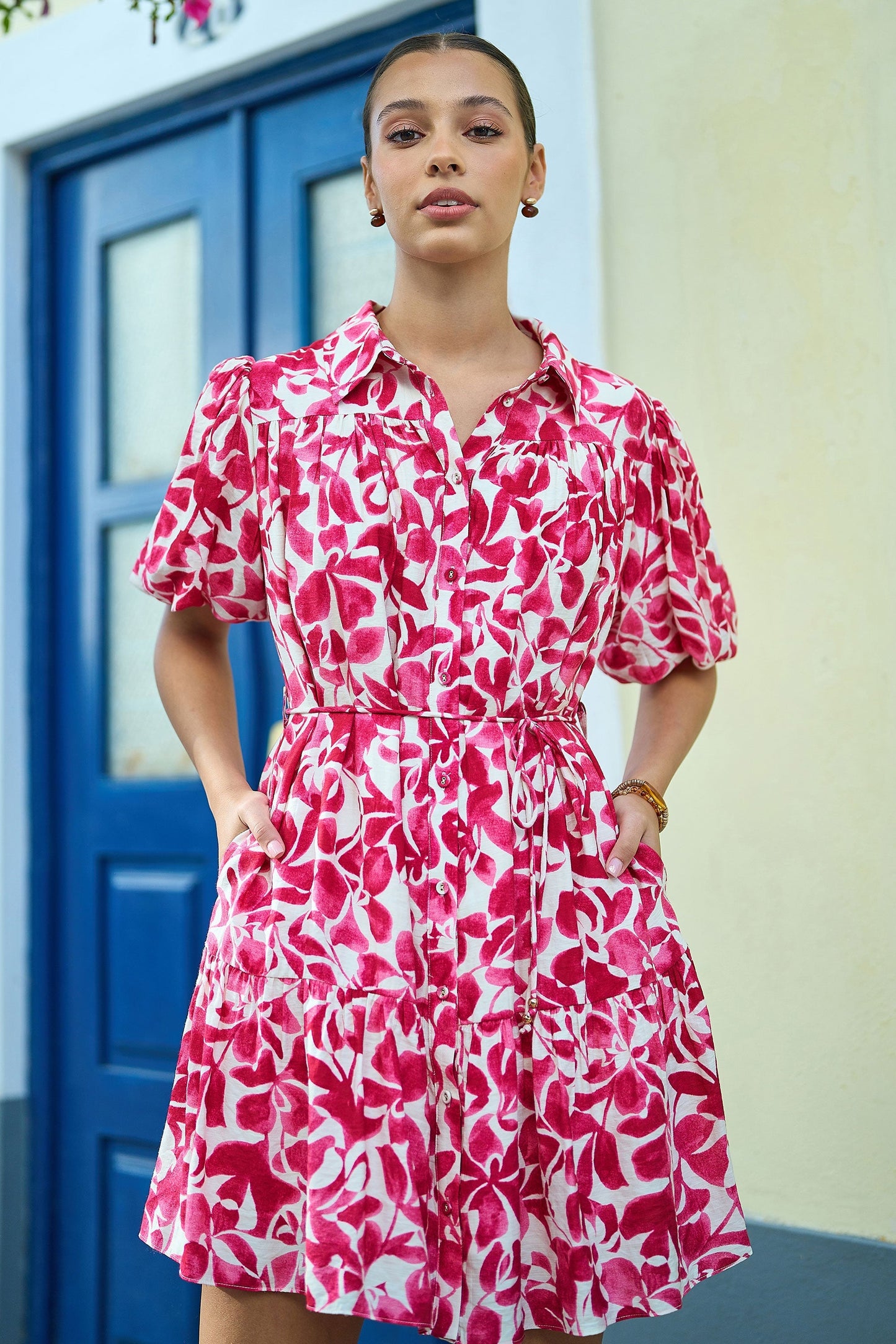 Pink Floral Print Viscose Relaxed Shirt Dress - Bascora