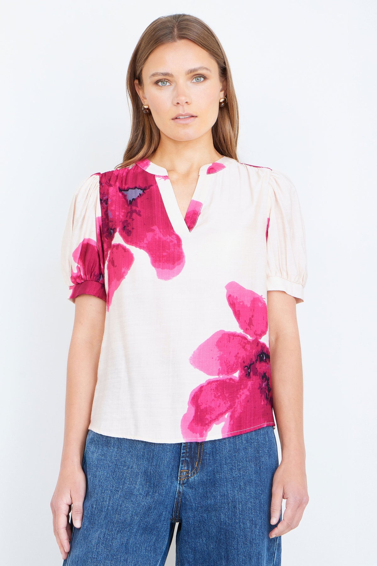 Pink Watercolour Viscose Floral Top - Bascora