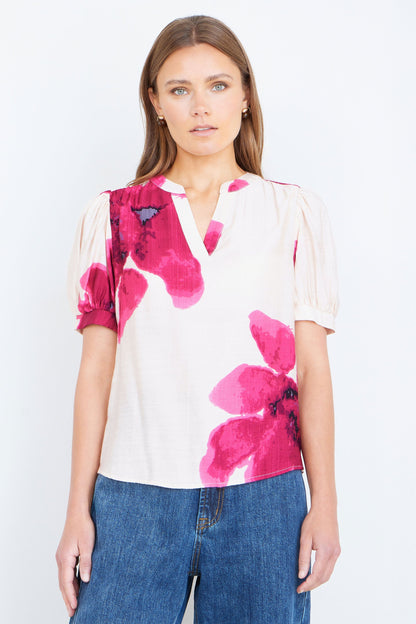 Pink Watercolour Viscose Floral Top - Bascora