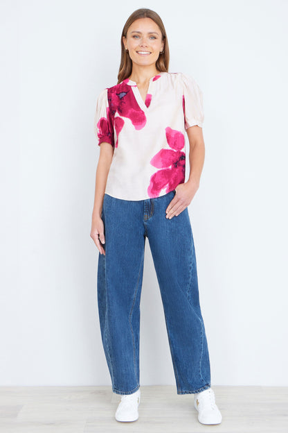 Pink Watercolour Viscose Floral Top - Bascora