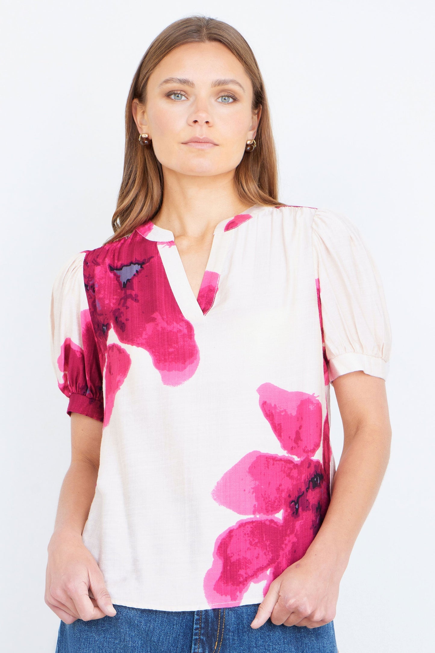 Pink Watercolour Viscose Floral Top - Bascora
