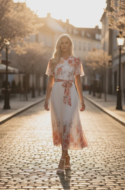 Vestido midi plisado floral Yumi White Mirror