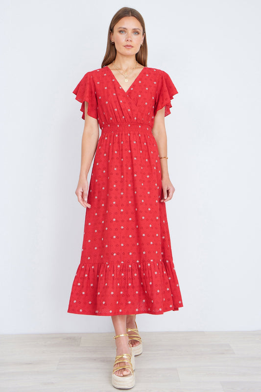 Red Broderie Anglaise Wrap Midi Dress With Flower Embroidery - Bascora