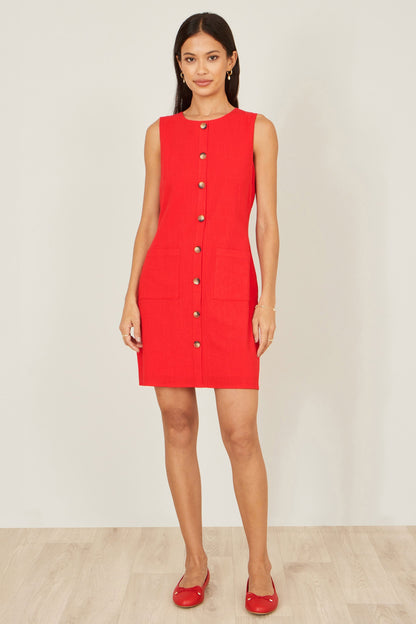 Red Viscose Button Detail Shift Dress - Bascora