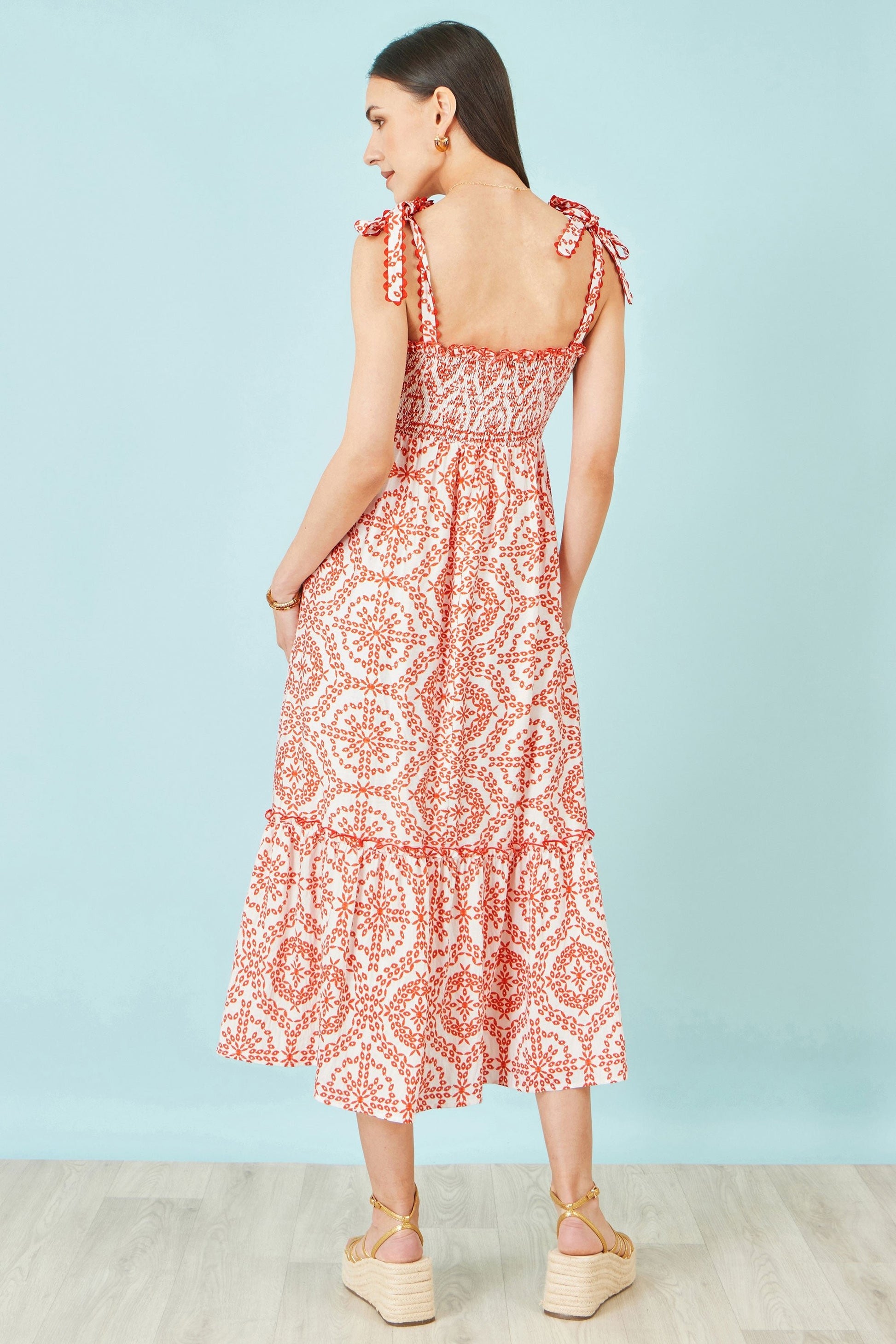 Red Viscose Ruched Tie Strap Midi Sun Dress - Bascora
