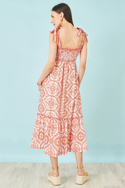 Red Viscose Ruched Tie Strap Midi Sun Dress - Bascora
