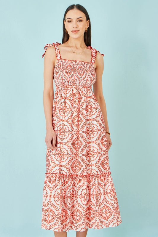 Red Viscose Ruched Tie Strap Midi Sun Dress - Bascora
