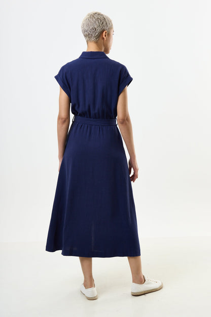 Reese Linen Mix Button Through Midi Shirt Dress - Navy - Bascora