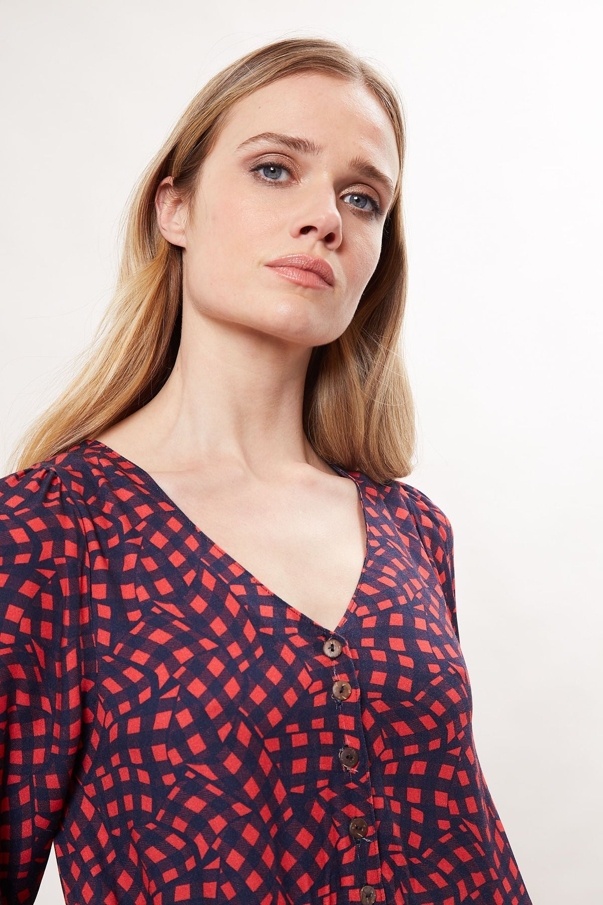 Rheane Gingham Twist Print Long Sleeve V Neck Midi Dress