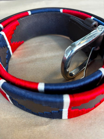 Bascora Hand-Stitched Leather Polo Belt in Navy, Red & White